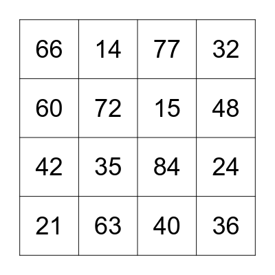 Multiplication Bingo Card