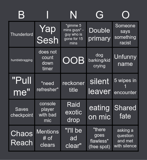 Destiny 2 Raid LFG Bingo Card