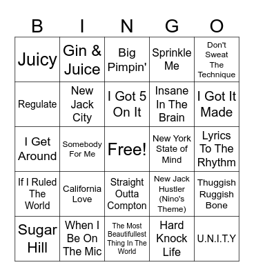 90's Rap Bingo Card