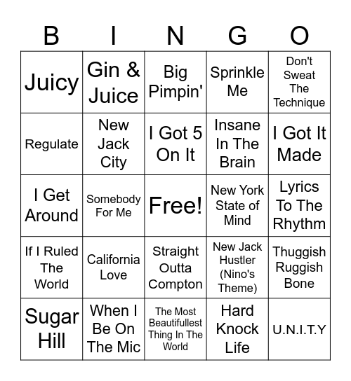 90's Rap Bingo Card