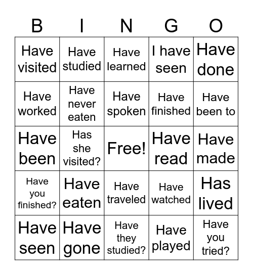 Present Perfect Bingo Card