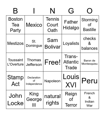 The Age of Revolutions Bingo Card