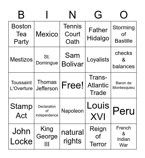 The Age of Revolutions Bingo Card