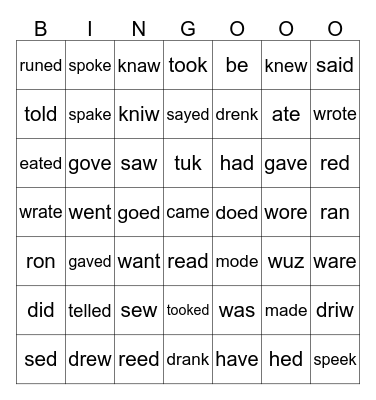Past Tense Irregular Verbs Bingo Card