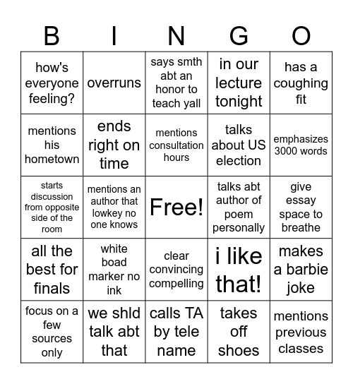 justin Bingo Card