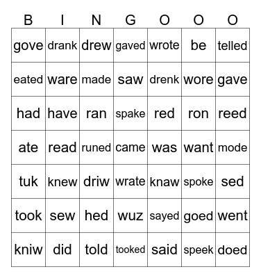 Past tense irregular verbs Bingo Card