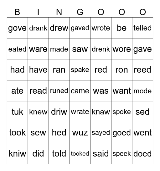 Past tense irregular verbs Bingo Card