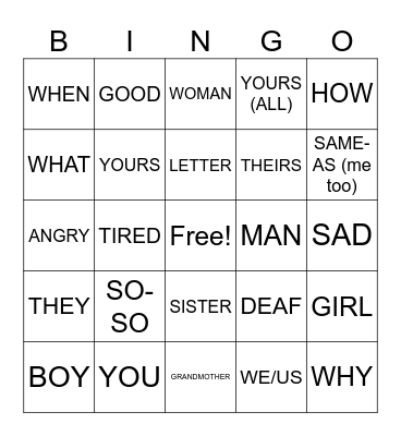 ASL 1 Unit 1 Vocabulary Review Bingo Card