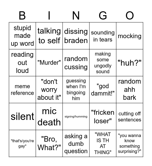 Tyson Bingo Card