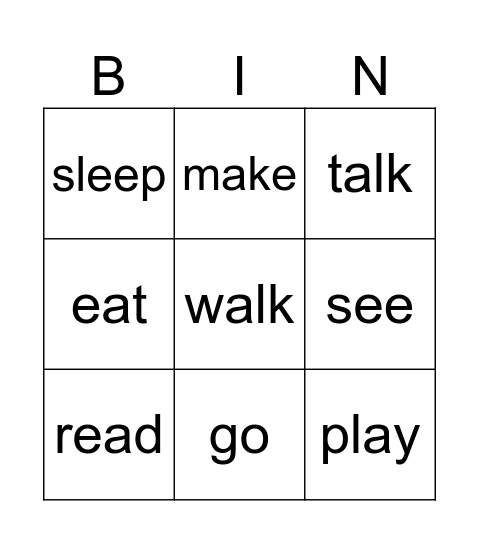 Past Tense Bingo Card