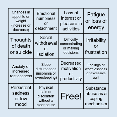 Depressive Symptoms Bingo Card