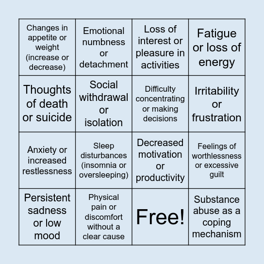 Depressive Symptoms Bingo Card