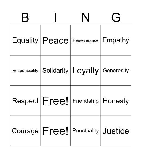 Virtues Bingo Card