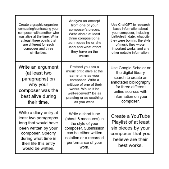 Composer Exploration Bingo Card