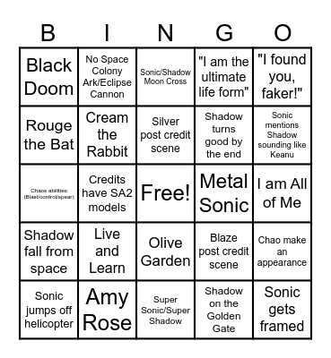 Sonic 3 Bingo card Bingo Card