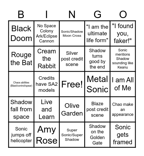 Sonic 3 Bingo card Bingo Card