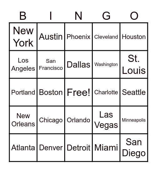 Big City Bingo Card