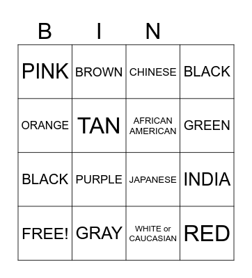 ASL 2 COLOR AND RACE SIGNS Bingo Card