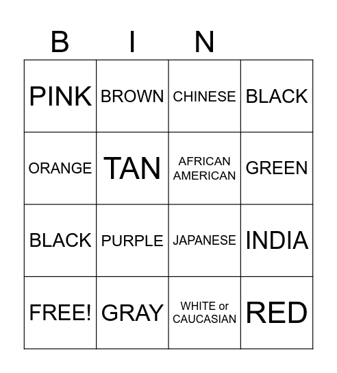 ASL 2 COLOR AND RACE SIGNS Bingo Card