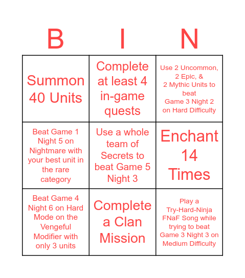 Five Nights TD Bingo Card