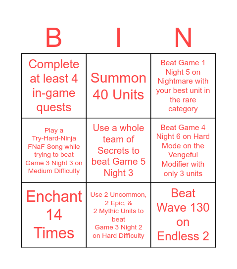 Five Nights TD Bingo Card