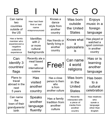 Cultural Bingo Card