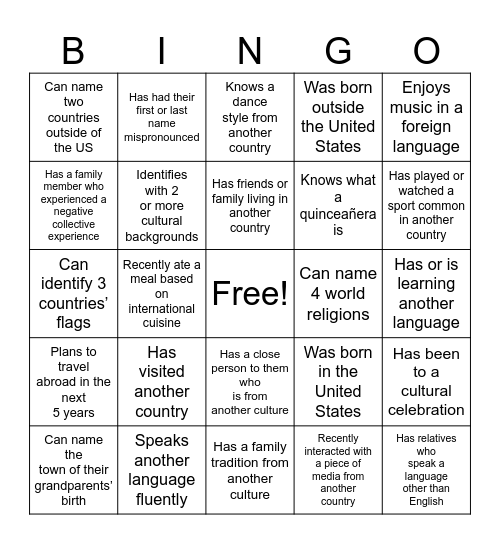 Cultural Bingo Card