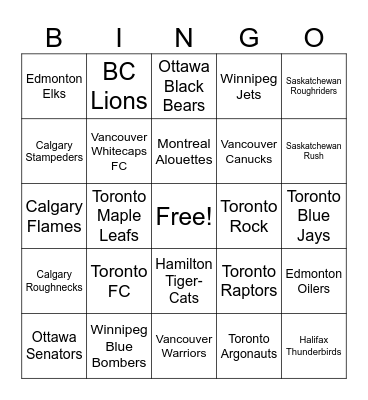 Canadian Sports Teams Bingo Card