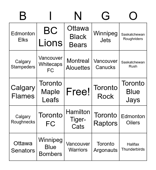 Canadian Sports Teams Bingo Card