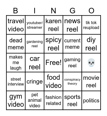 Instagram reel bingo Card