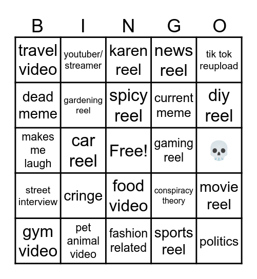 Instagram reel bingo Card