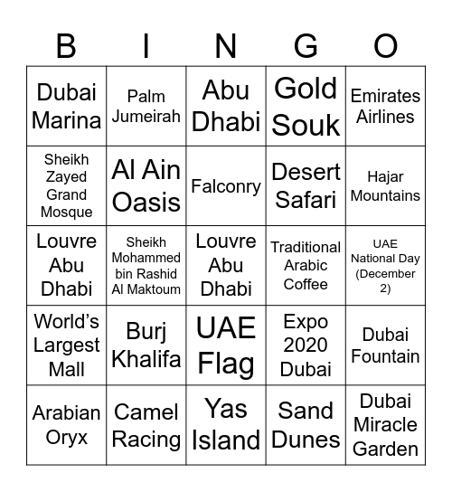 UAE Bingo Card