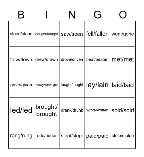 Irregular verbs Bingo Card