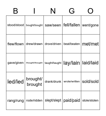 Irregular verbs Bingo Card