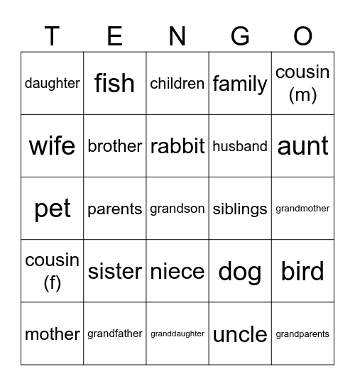 La Familia (+pets) Bingo Card