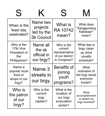 Kabataan Bingo Bonding Bingo Card