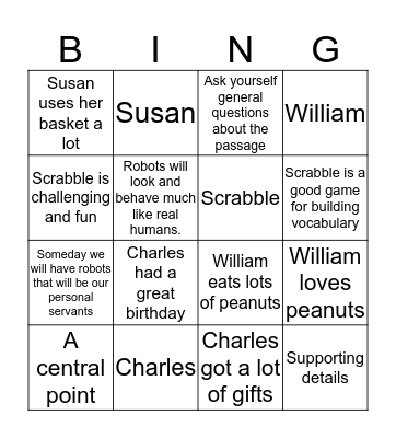 Main Idea Bingo Card