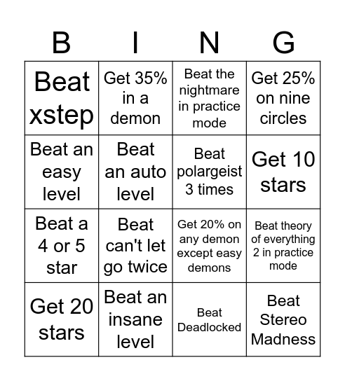 Geometry dash Bingo Card