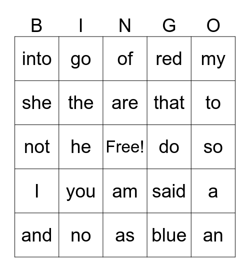 sight word bingo Card