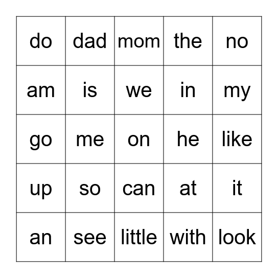Sight Words A/B Bingo Card