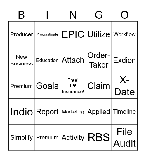 Insurance Word Bingo Card