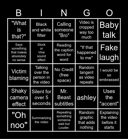 Sssniperwolf Bingo Card