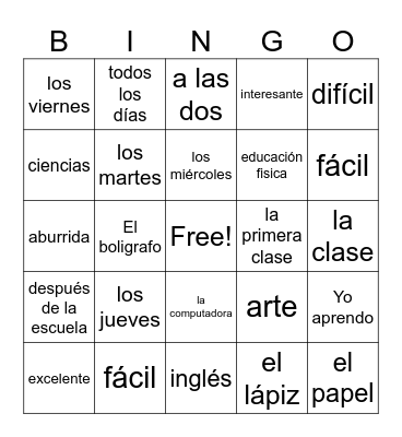 El horario Bingo Card