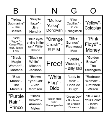Songs with Color in Title Bingo Card