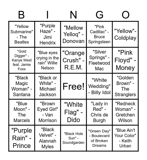 Songs with Color in Title Bingo Card