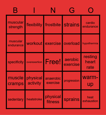 Physical Fitness Bingo Card