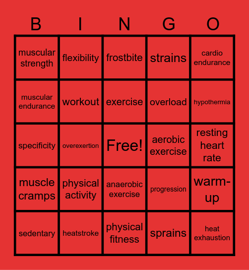 Physical Fitness Bingo Card