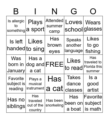 Getting to Know My Classmates Bingo Card