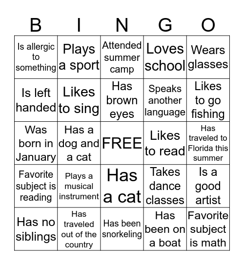 Getting to Know My Classmates Bingo Card