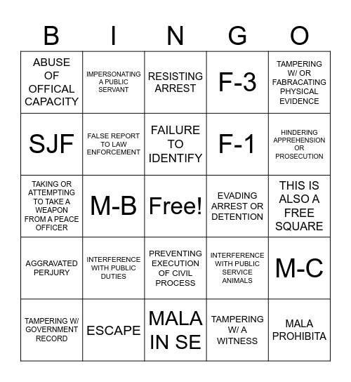 Public Offense Bingo Card